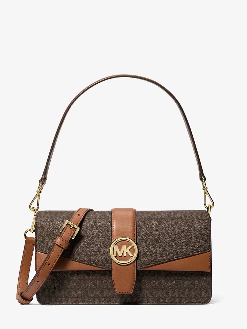 Michael Kors Greenwich Medium Shoulder Bag Brown MK Signature Gold‎ Chain